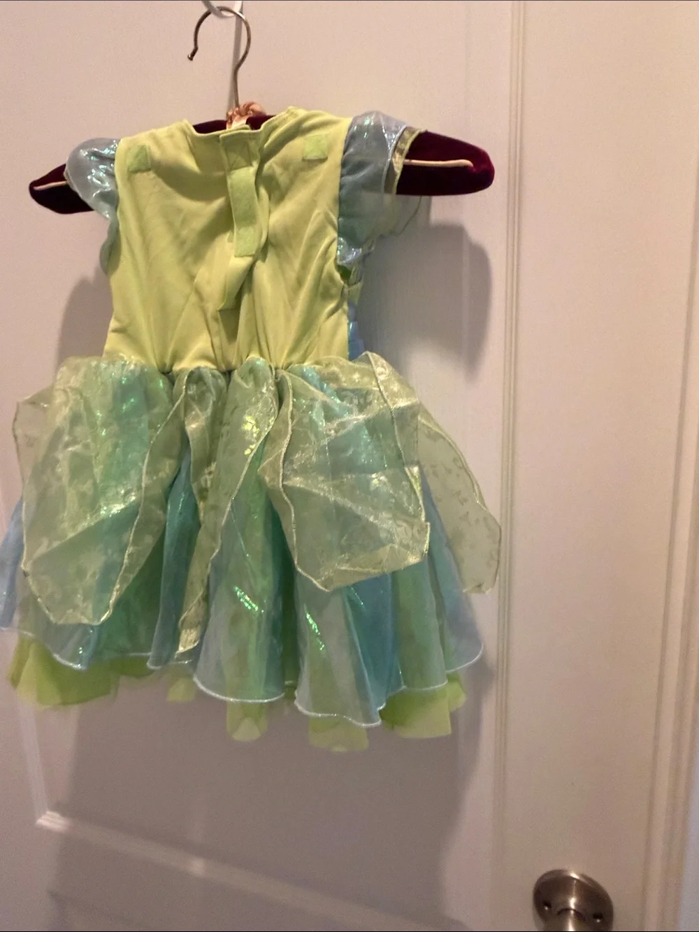 Disney tinker Bell Green Fairy Princess Costume Dress with Blue Flower built in
